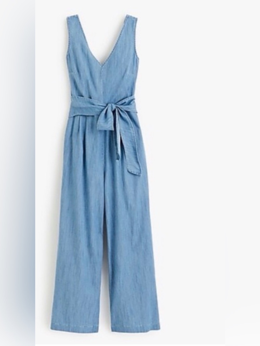 J. Crew Women Light Blue Chambray Denim Wide Leg Tie‎ Waist Jumpsuit Nautical 0